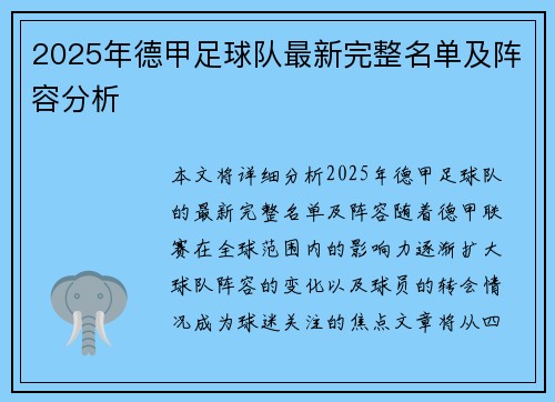 2025年德甲足球队最新完整名单及阵容分析